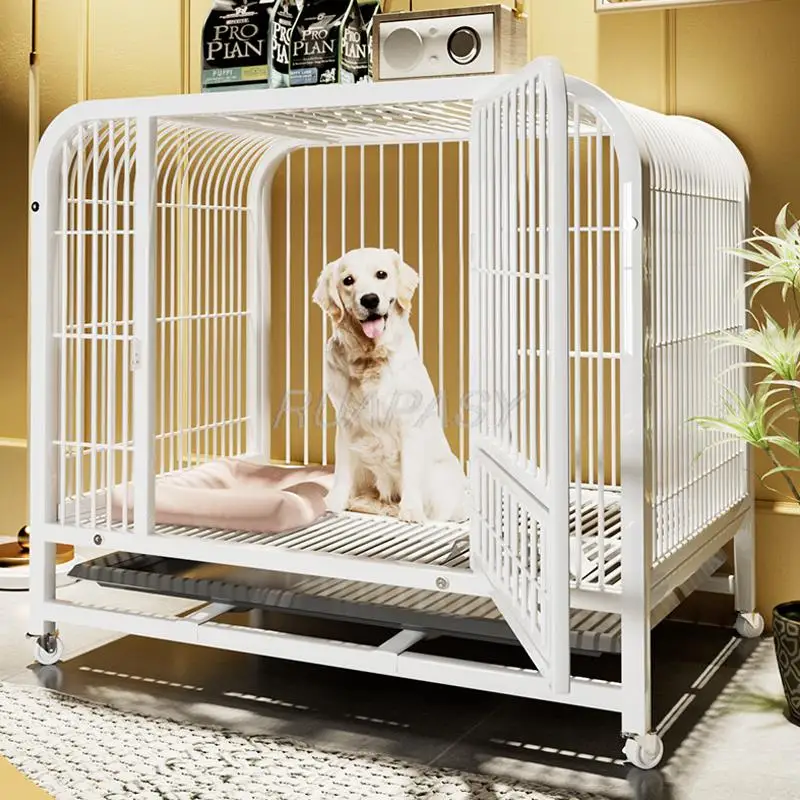 

Metal Dog Crate Furniture with Door Pet Dog Cages House with Leak-Proof Pan Removable Tray Floor Protecting Kennel on Wheels