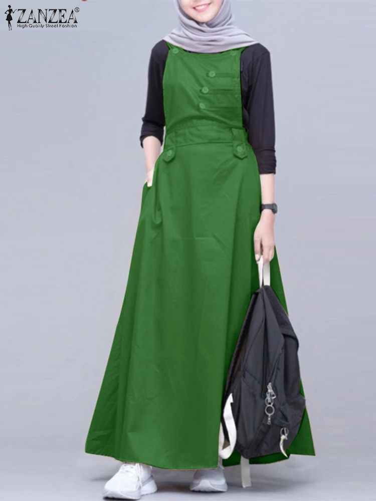 ZANZEA Muslim Fashion Dresses Casual Holiday Long Robe Women Autumn Dress Sleeveless O-Neck Solid Vestidos Sundress Abaya Kaftan