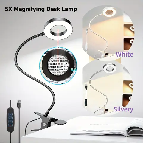 LED Clip-On Magnifying Lamp LED Clip-On Magnifying Desk Lamp 5X Magnifier USB Powered 3 Colors 10 Levels Dimmable Adjustable Flexible Gooseneck Sturdy Metal Clamp Base Makeup Reading Craft Repair Sewing Hobby Light for Office Study Bedroom Living Room Workbench Jewelry Making