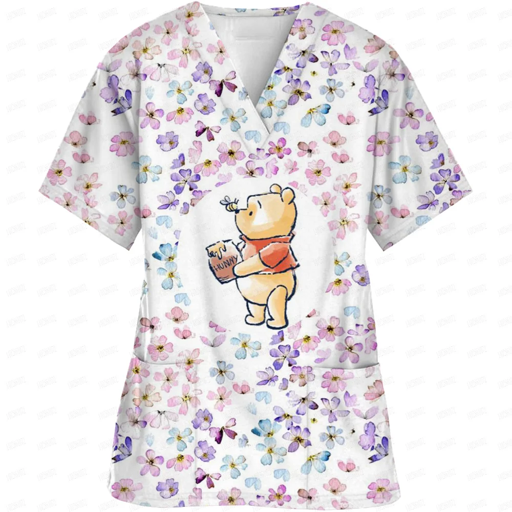 Hospital uniforms Medical Winnie the Pooh Printed nursing V-neck shirts Dental clinic uniforms Medical nurses Short sleeved fros