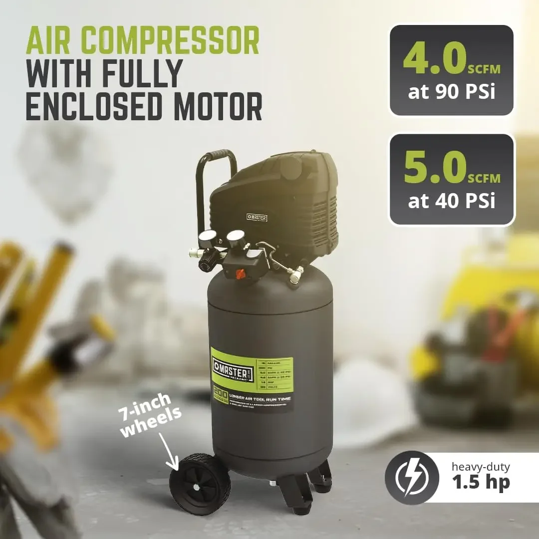 Portable Heavy Duty 15-Gallon Air Compressor With 1.5 Horsepower Induction Motor, 7-Inch Wheels & Oil-Free Pump, Green