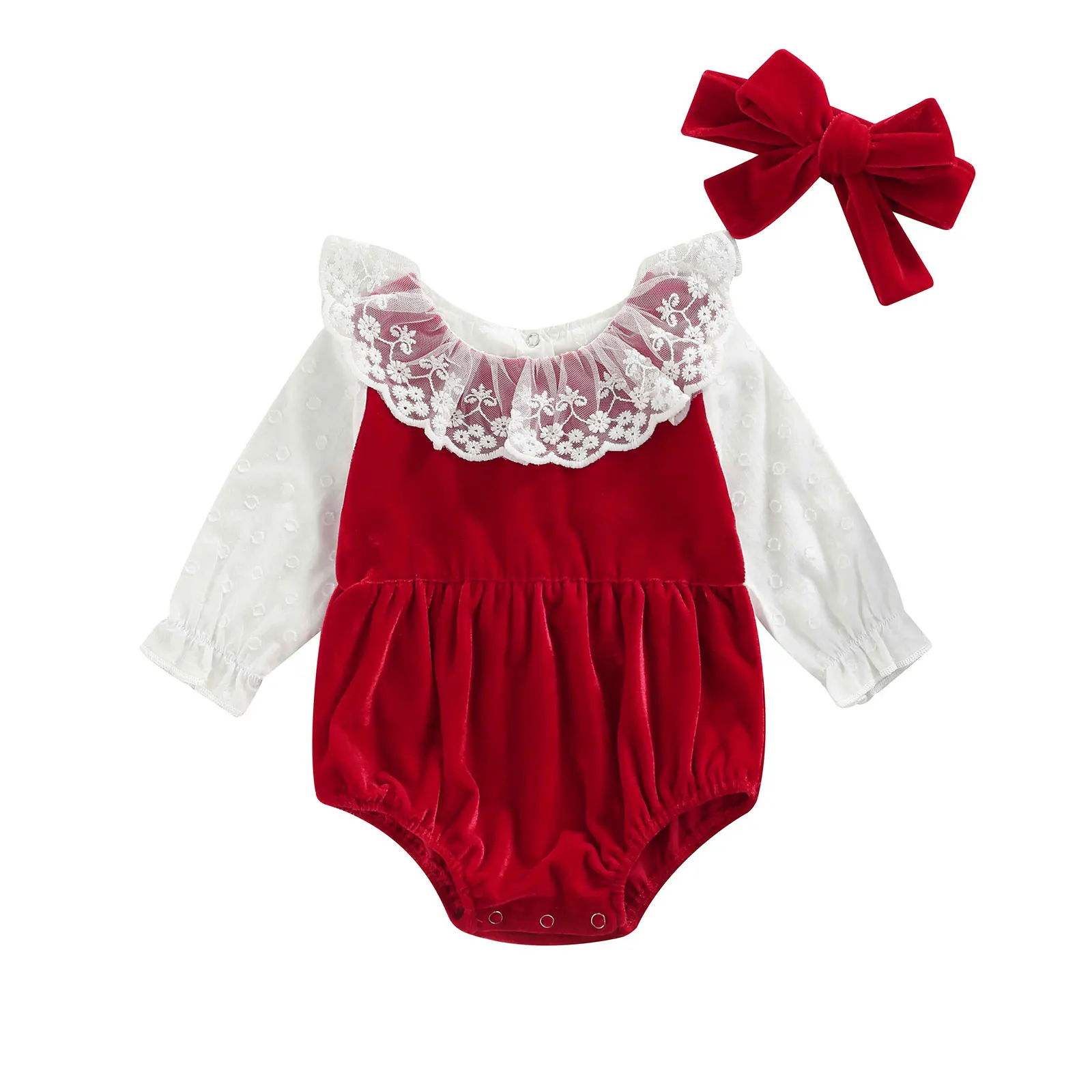 Newborn Baby Girls Romper Clothes Set Toddler Infant Wine Red Long Sleeve Lace Jumpsuits and Headdress Velvet Outfit