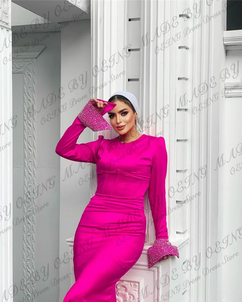 OEING Fuchsia Muslim Arabic Women Evening Dresses Long Sleeves Mermaid Party Prom Dress Robe Abaya Silk Elegant Club Gowns