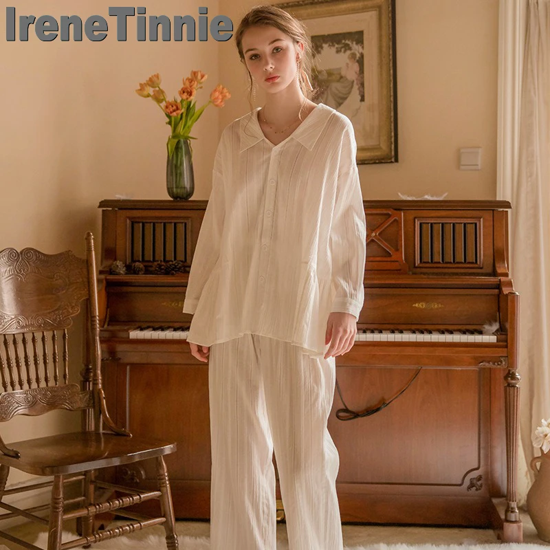 

IRENE TINNIE Women Spring Pajamas High Quality Cardigan Nightgown Cotton Soft Sleepwear Home Clothes Woman Loose Nightwear Set