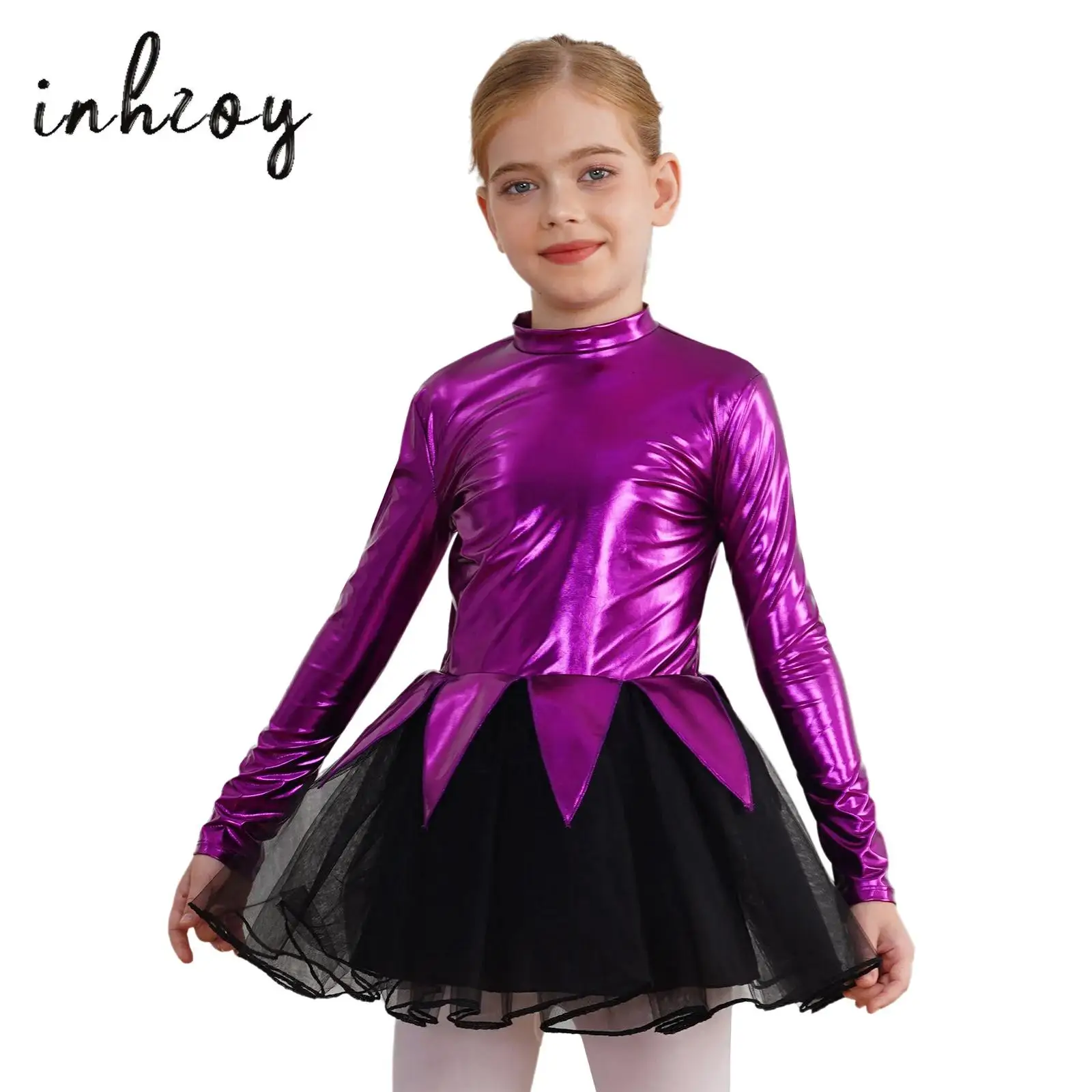 

Purple Metallic Shiny Mesh Tutu Ballet Dress Kids Girls Mermaid Costume Halloween Cosplay Dance Performance Leotard Dress