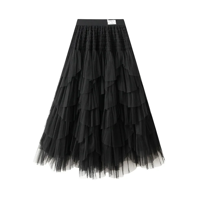 Słodka Spódnica Tortowa do Kolan Damska Jesienna Moda Tkanina Tafeta Bufiasta Spódnica z Siateczki Sukienka do Połowy Łydki 2023