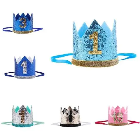 Adorable Boys Girls Princess Crown Number 1st 2 3 Year Old Party Hat Glitter Birthday Headband Shower Baby Birthday Party Cap