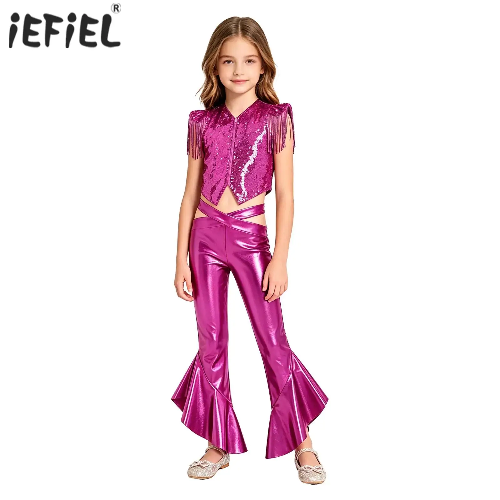 Jazz-Tanzsets für Mädchen, Ballerina-Performance-Outfit, Quasten-Kapärmel, Reißverschluss, Pailletten-Metallic-Weste mit Rüschen, ausgestellte Hose