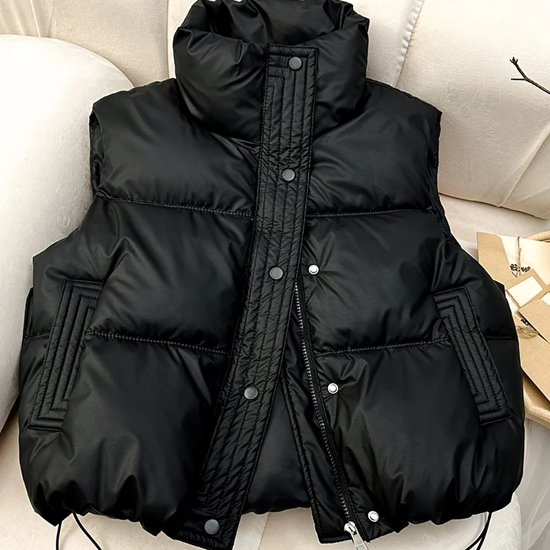 

Vests Cotton Parkas Women Black Button Stand-Collar Sleeveless Fall Winter Warm Bread Clothes Fashion Casual High Street Jacket