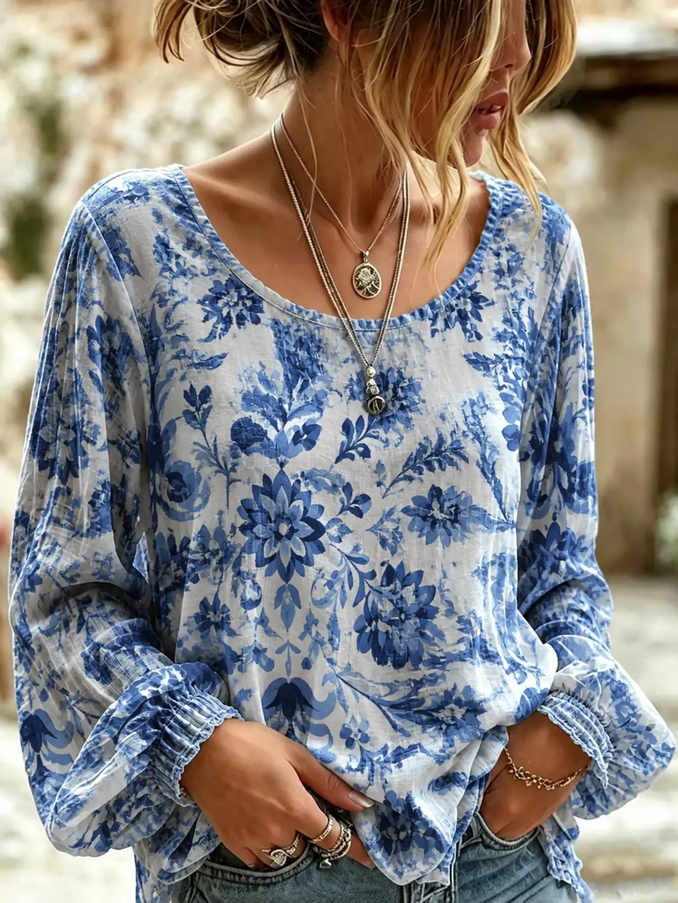 Women Plus Size Blouse 3D Floral Print Long Sleeve Loose Fit Boho Tunic Top