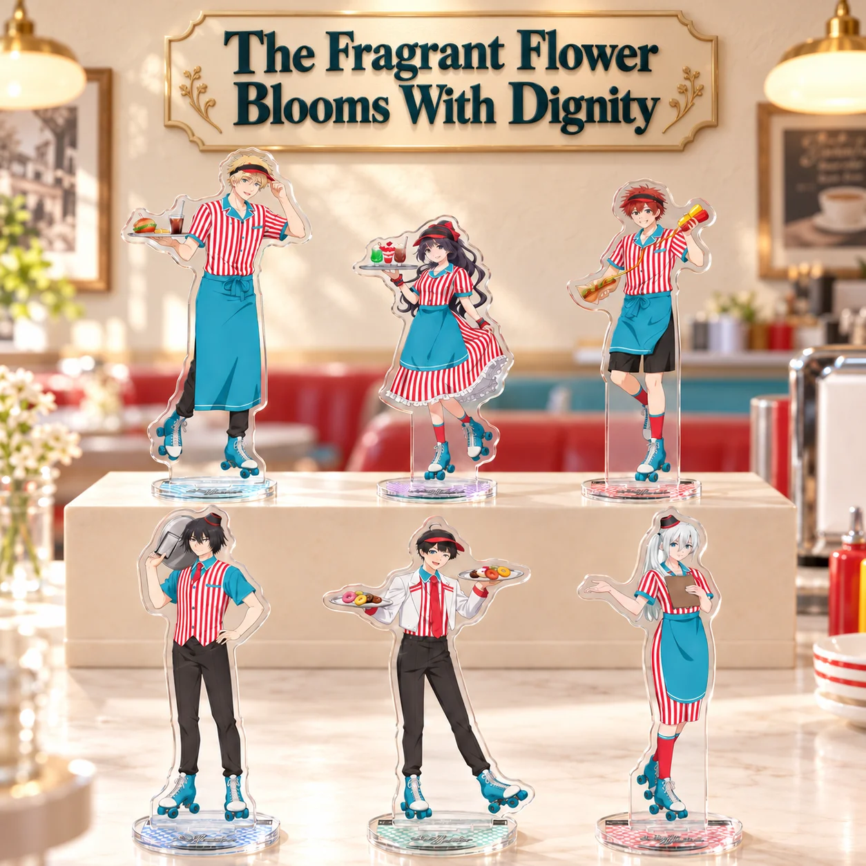 New Anime The Fragrant Flower Blooms With Dignity Retro Diner Waiter Style Rintarou Kaoruko Shohei Saku Acrylic Stand Keychain