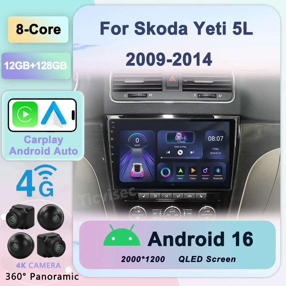 

Android 16 Car Radio Android Auto Multimedia For SKODA Yeti 5L 2009- 2014 Carplay 4G+WiFi Head Unit 2din GPS autoradio