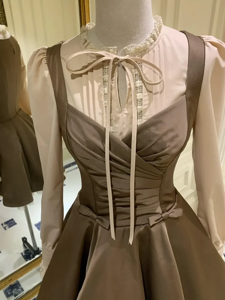 Retro Patchwork Satin Long Sve Dr Women's Autumn Court Sle Waist Cinching Slimming Princ ort Skirt Dr