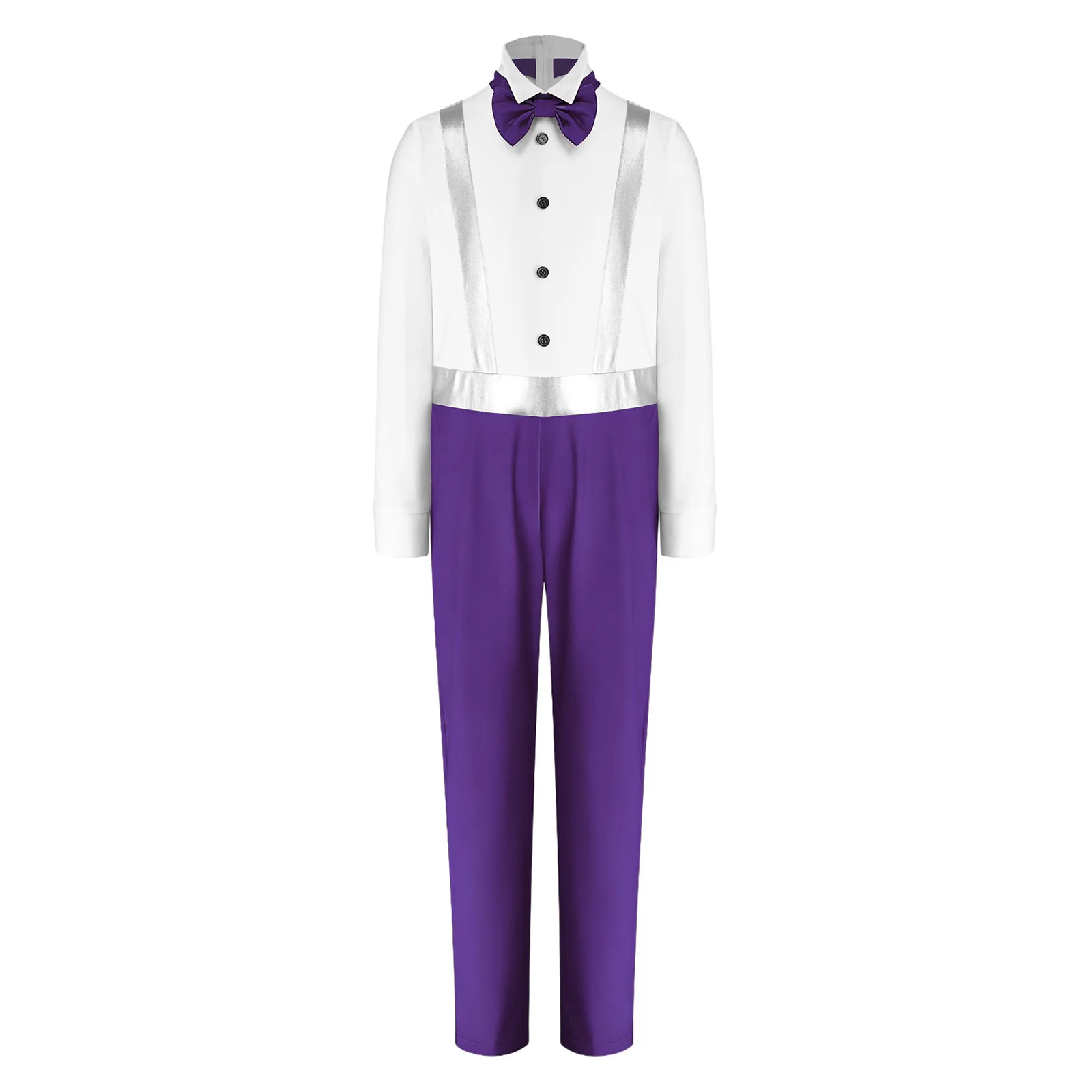 Kids Boys Latin Dance Jumpsuit Bow Tie Gentleman Outfit Long Sleeve Color Block Bodysuit for Salsa Tango Ballroom Dance Costume