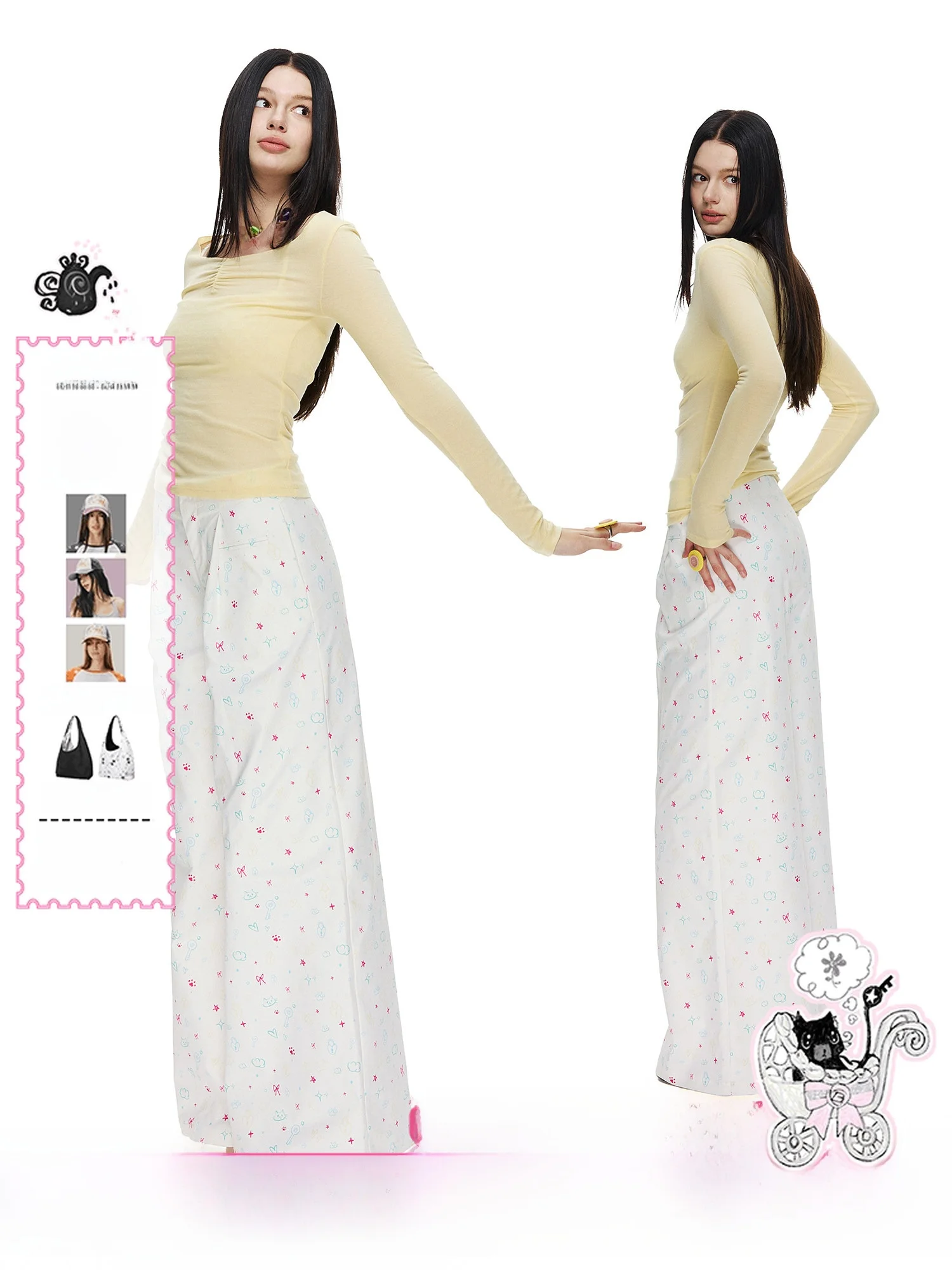 

NECY Original Heart Print Wide Leg Pants Casual High Waist Polyester Fiber Spring Unique Sweet Flared Pants Women