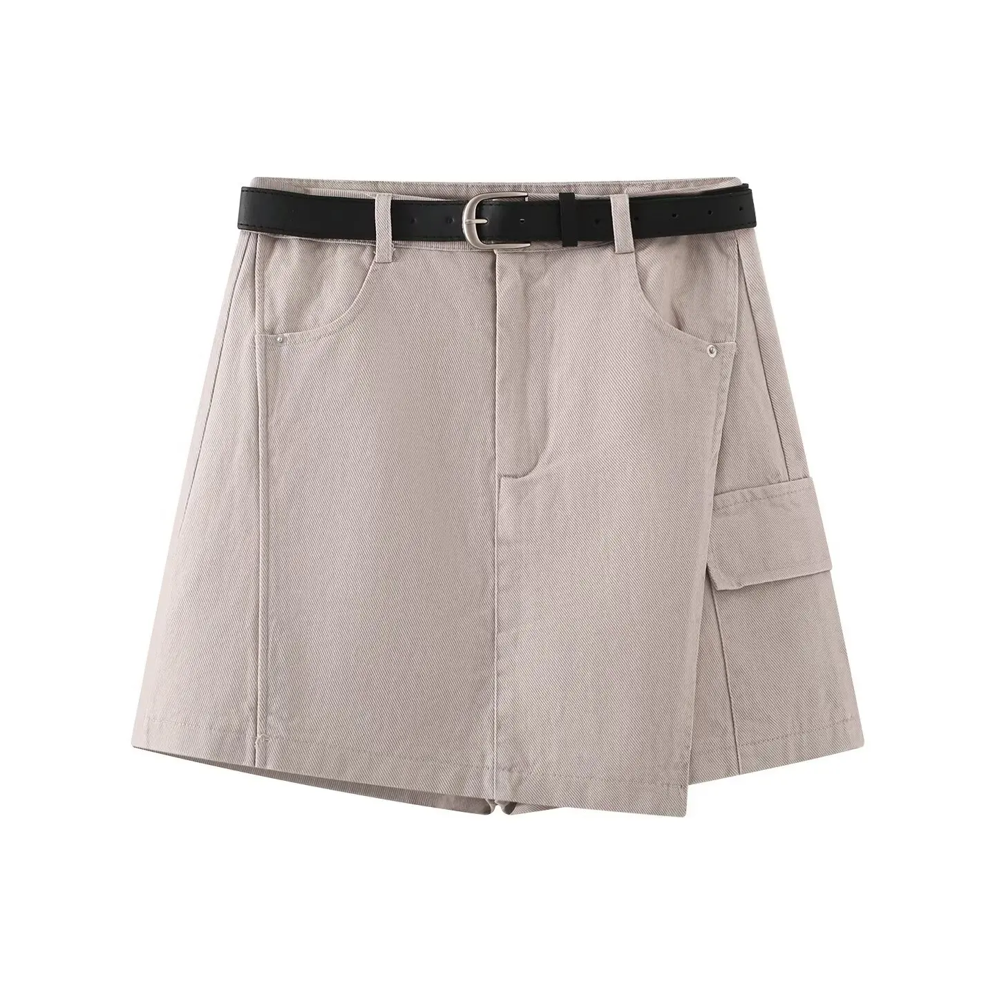 High Waist A-Line Workwear  Skirt for Women with Belt Slimming Retro Multi-Pocket Short Skirt Polyester Fiber Splicing