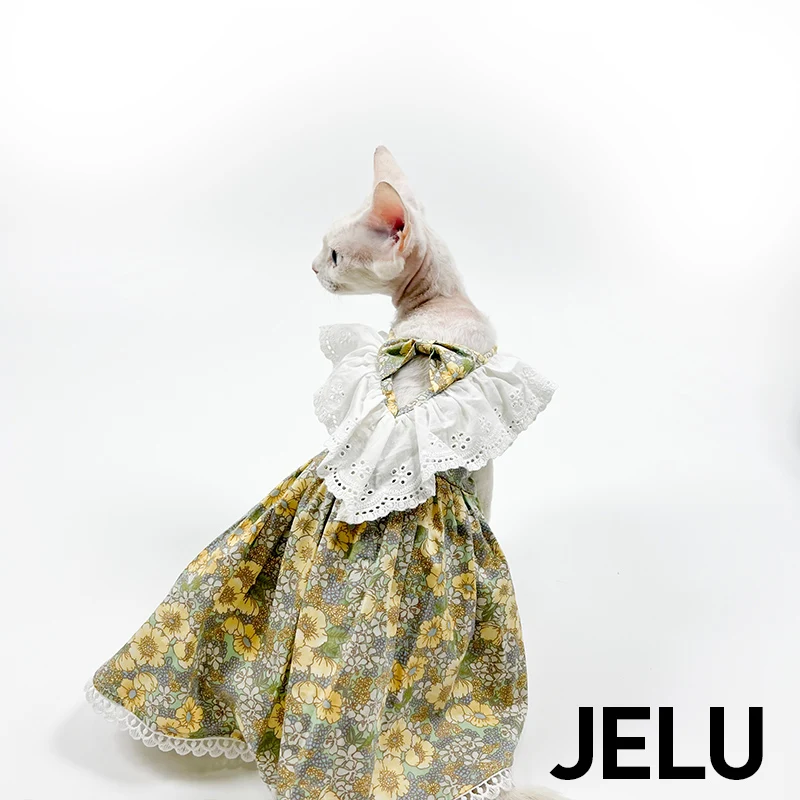 JELU Jilu Spring/Summer Hairless Cat Clothes German Skirt Small Fresh Bow Countryside Open Back Fairy Style