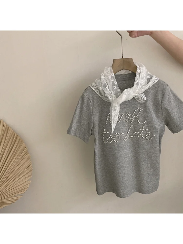 الفتيات لؤلؤة رسالة قصيرة الأكمام TT-shirt2025تصميم متعدد الاستخدامات فضفاض عارضة الجينز قطعتين مجموعة العصرية