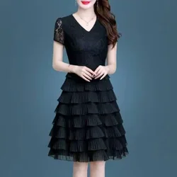 Fashion Women Tierred Black Chiffon Dress Spring Summer Big Size Lace Patchwork Midi Dresses All-match Chic Casual Sundress 2023