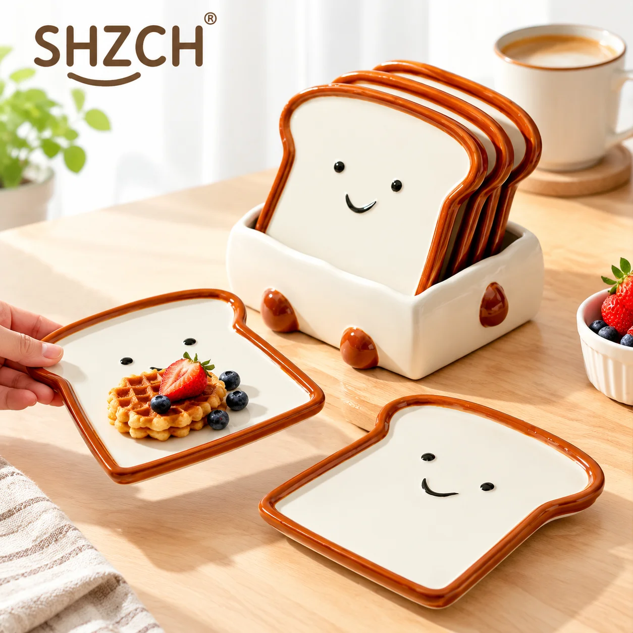 Cute Smile Toast Ceramic Plate Set w/Storage Box - Kawaii Dessert Fruit Dish for Breakfast Afternoon Tea - Kitchen Decor Tablew