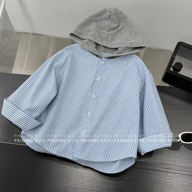 Boys Spring Fall 2026 New Hooded Shirt Thin Long Sleeve Cool Casual Jacket Blue White Striped Shirt Trendy