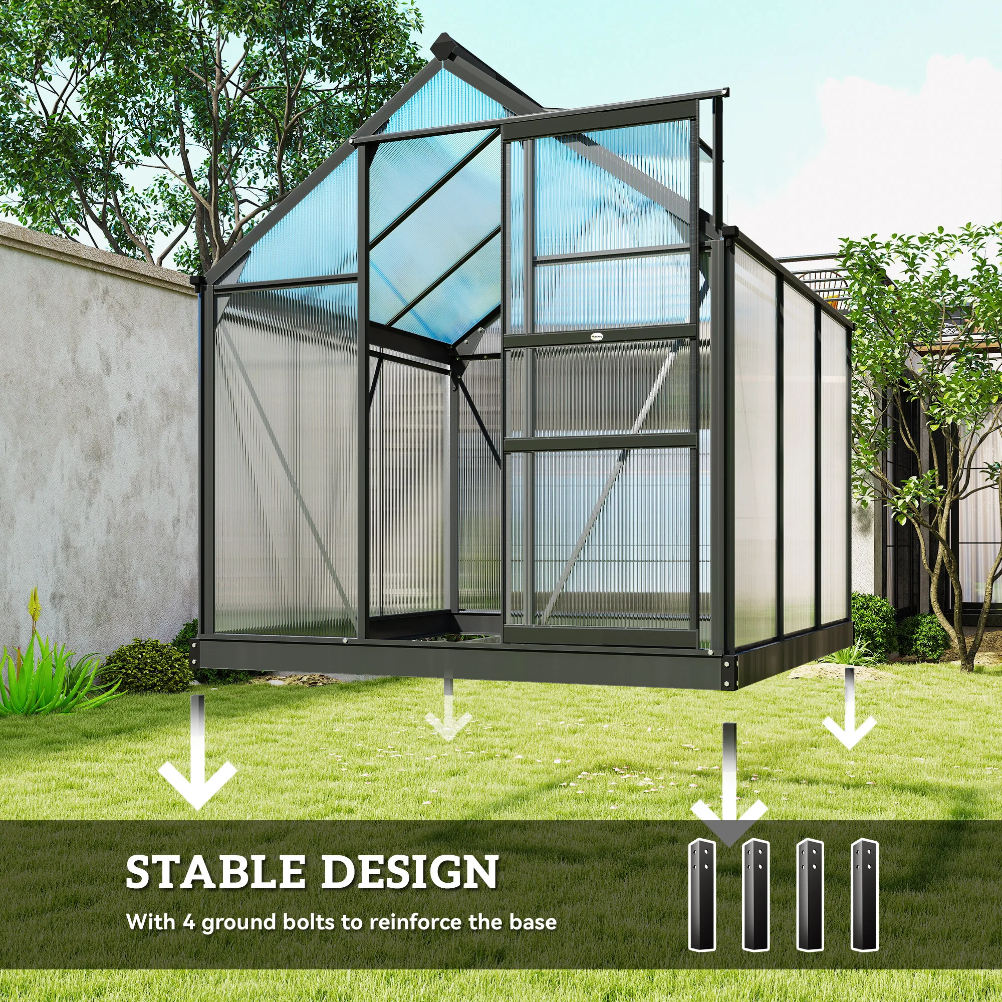 Outsunny 6 x 6ft Polycarbonate Greenhouse, Large Walk-In Green House with Slide Door and Window, Grey