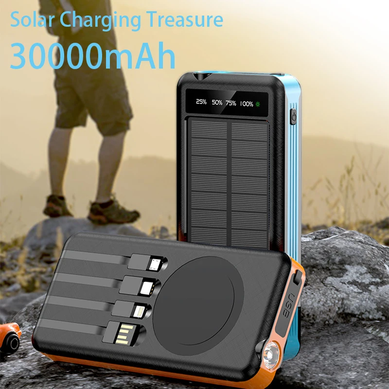 

Solar Power Bank 30000mAh Built Cables,With Wireless Charging 2USB Ports,For Mobile Phone,Laptop Solar Power Bank,With LED Light