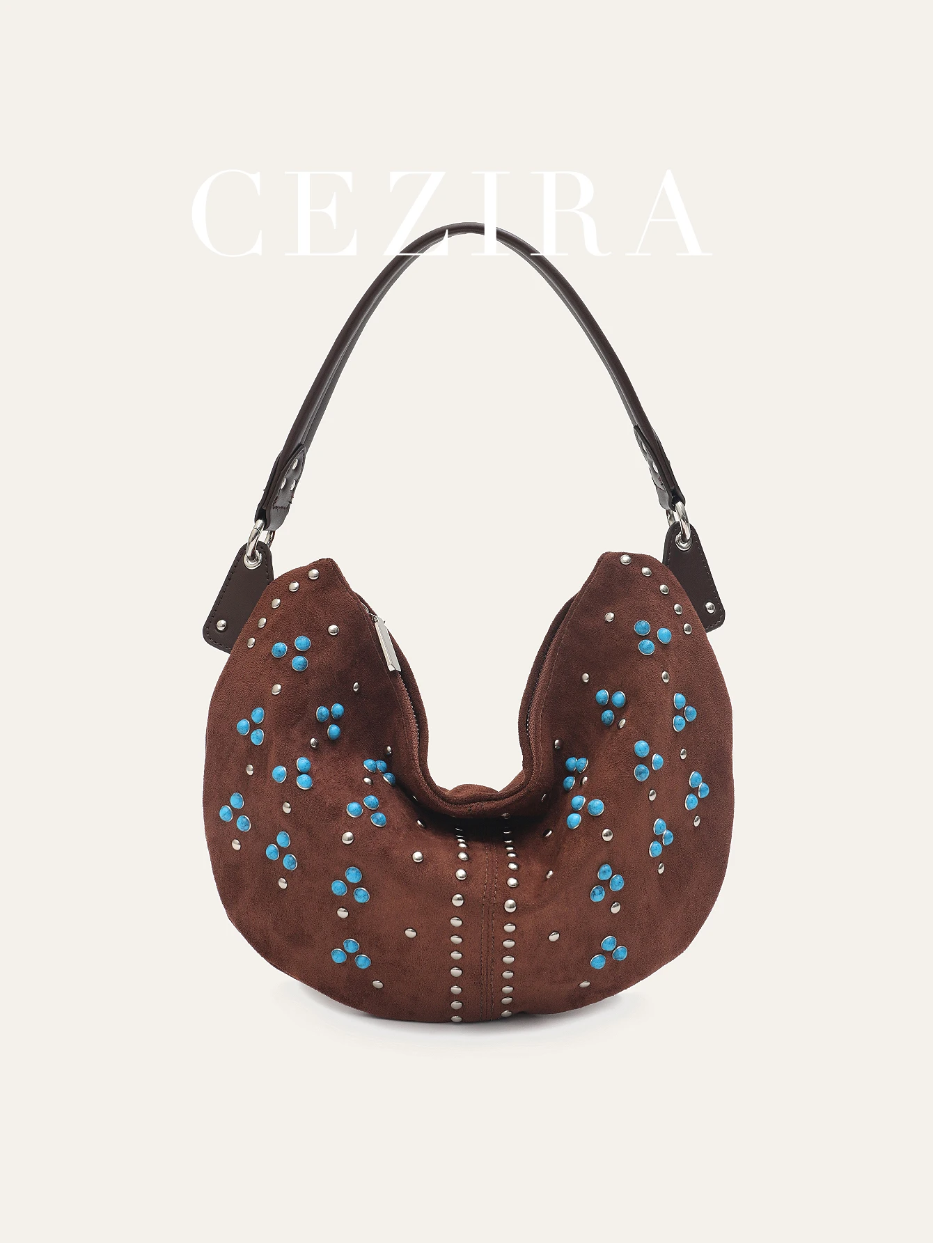 Bohemia Retro Tribal Style Women's Faux Suede Fabric PU Vegan Leather Patchwork Studded Beads Decor Half-moon Hobo Shoulder Bag