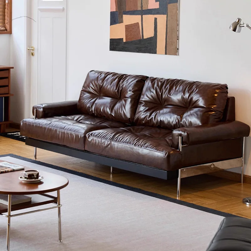 

Italian retro oil wax leather art sofa first layer cowhide medium and antique small apartment straight row leather sofa