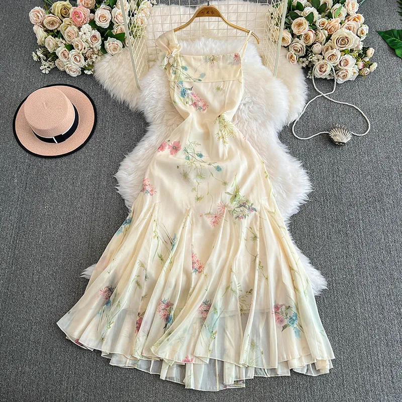 

Strap floral apricot dress for women summer heavy industry insert piece niche design elegant chiffon fish tail long skirt