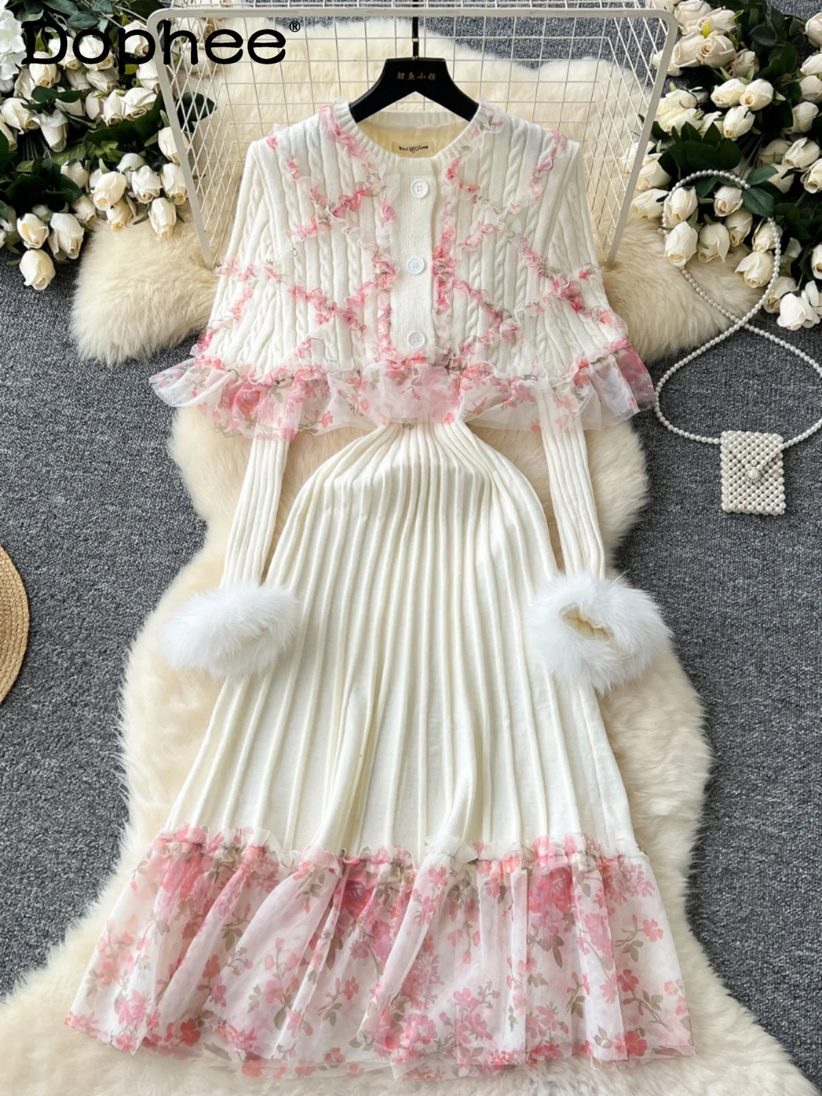 

French Luxury Gentle Atmosphere Knitted Dress Floral Mesh Splicing Design with Cape Women's Fall Winter Sweet Two-piece Sets