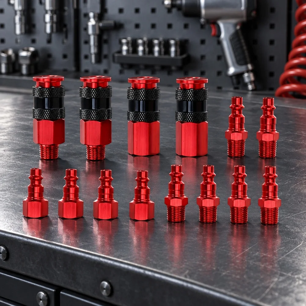 14 Piece 14 NPT Aluminum Quick Connect Set For Air Compressor Pneumatic Tools Red Hose Connector Fitting Kit