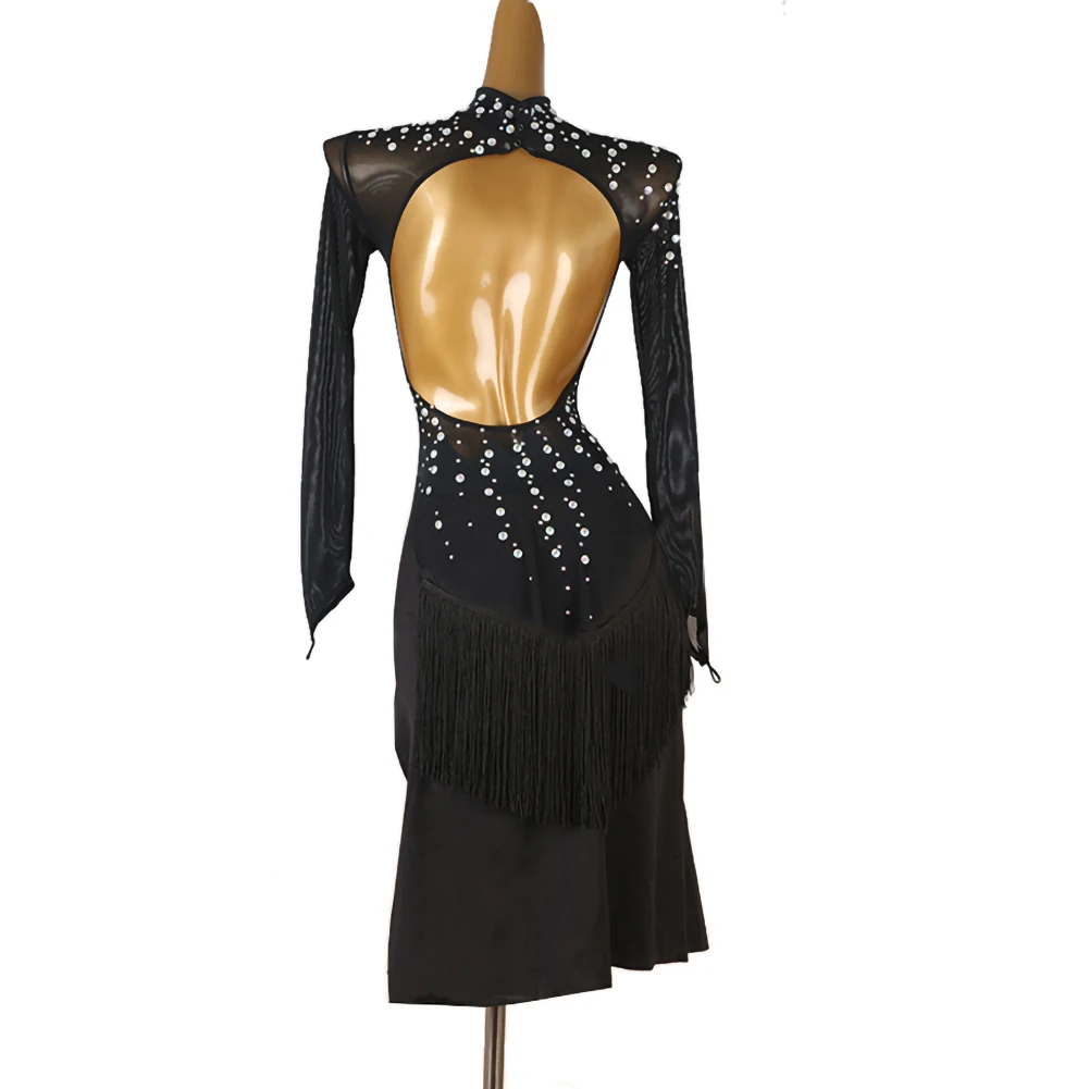 

New Latin Dance Competition Black Women's Mesh Long Sleeve Split Performance Suit Rhinestone Samba Tango