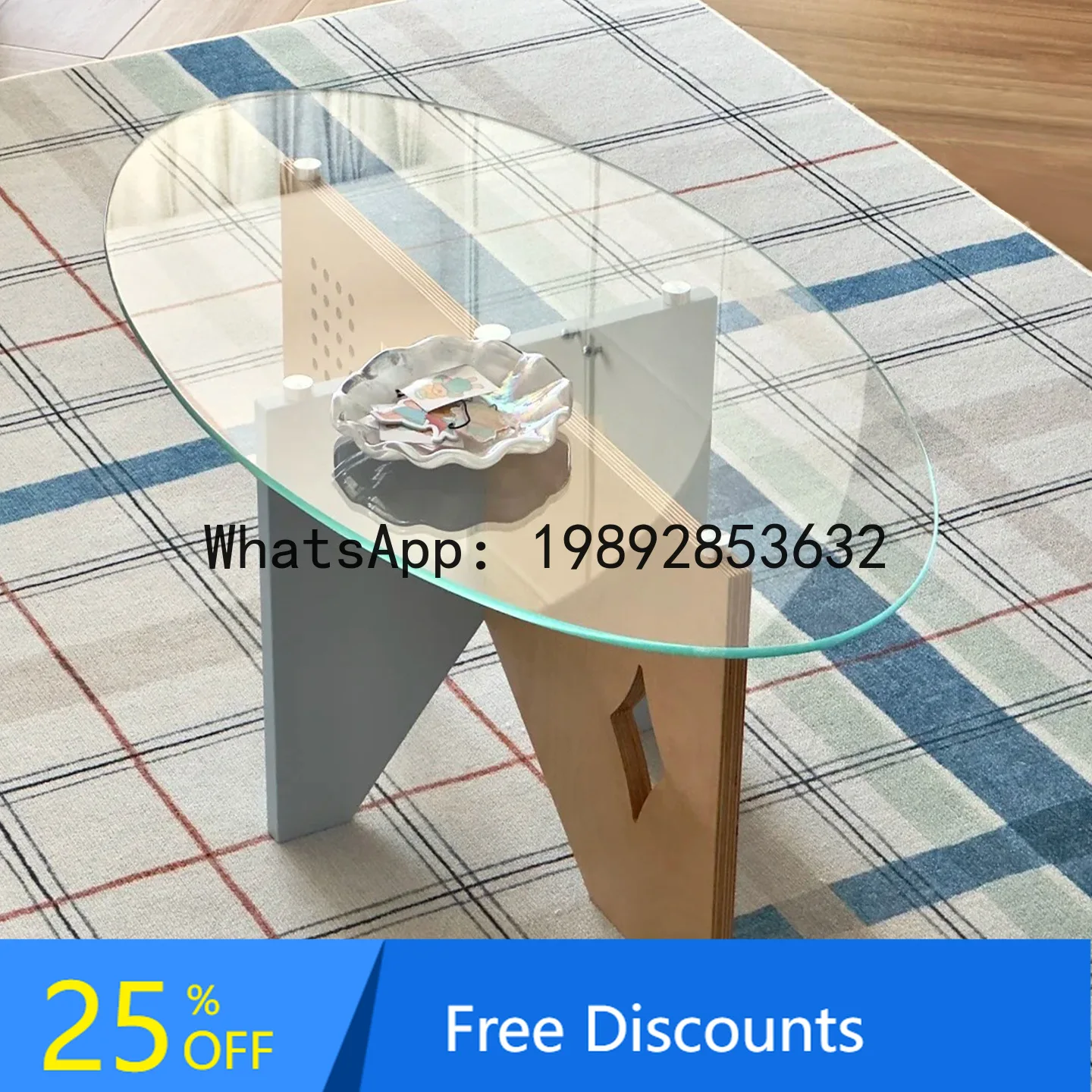 YFY Creative Dopamine Coffee Table Ocean Board Oval Side Table Wooden Small Apartment Living Room Irregular Tempered Glass