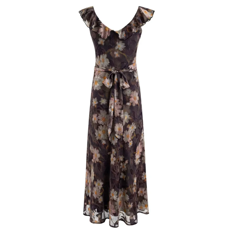 KEYANKETIAN 2026 Daisy Floral Maxi Dress Women V Neck Ruffle Cap Sleeve Drawstring Flowy Summer Beach Vacation Sundress