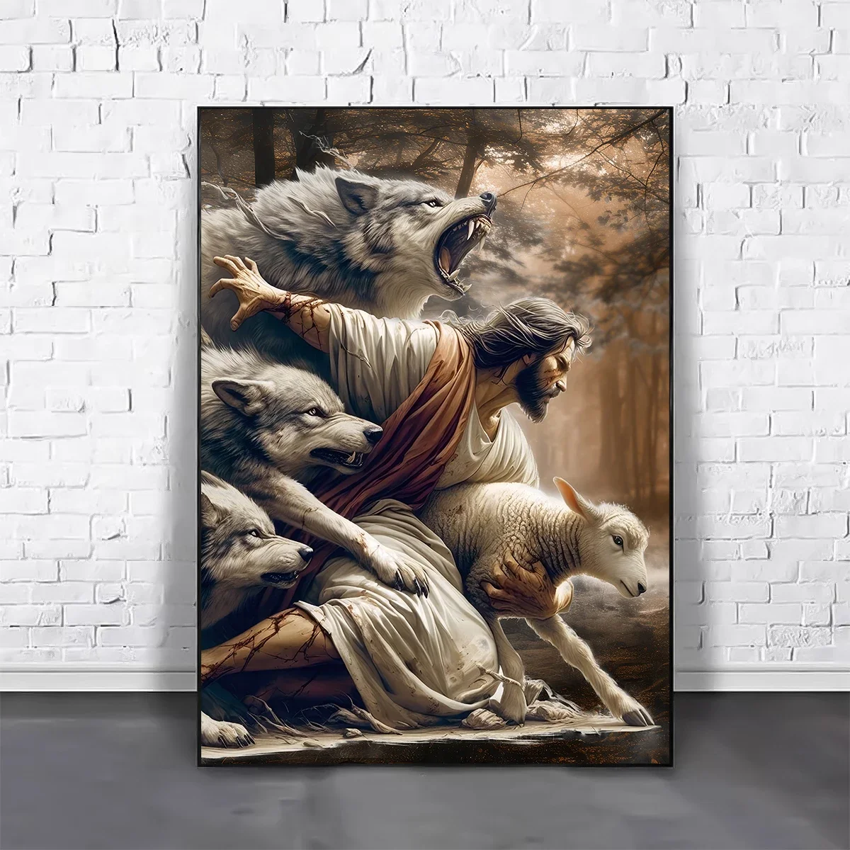 1PCS Frameless Jesus Christ Protect Flock Canvas Print Poster Vintage Wolf Sheep Art Prints Living Room Bedroom Wall Art Home De - view 3