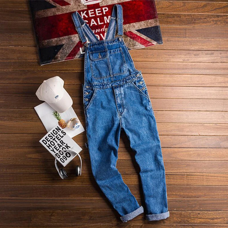 Men's One-Piece Bib Blue Denim Trousers  Men's Denim Overalls Korean Version of Tooling Jumpsuits