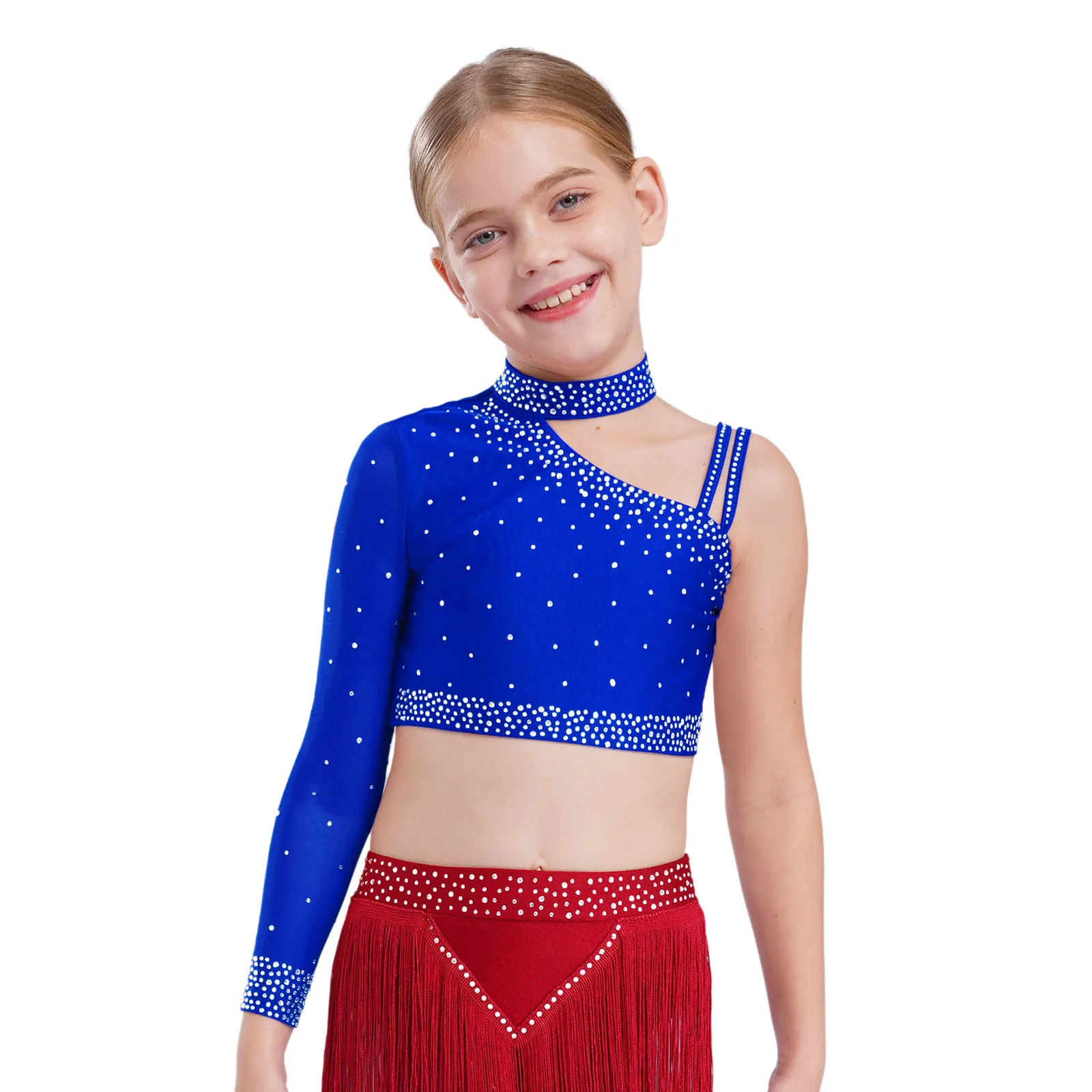 Kinder Mädchen Jazz Dance Outfits Strass Tops One Shoulder Crop Top Feder Slips Lyrical Latin Salsa Performance Dancewear