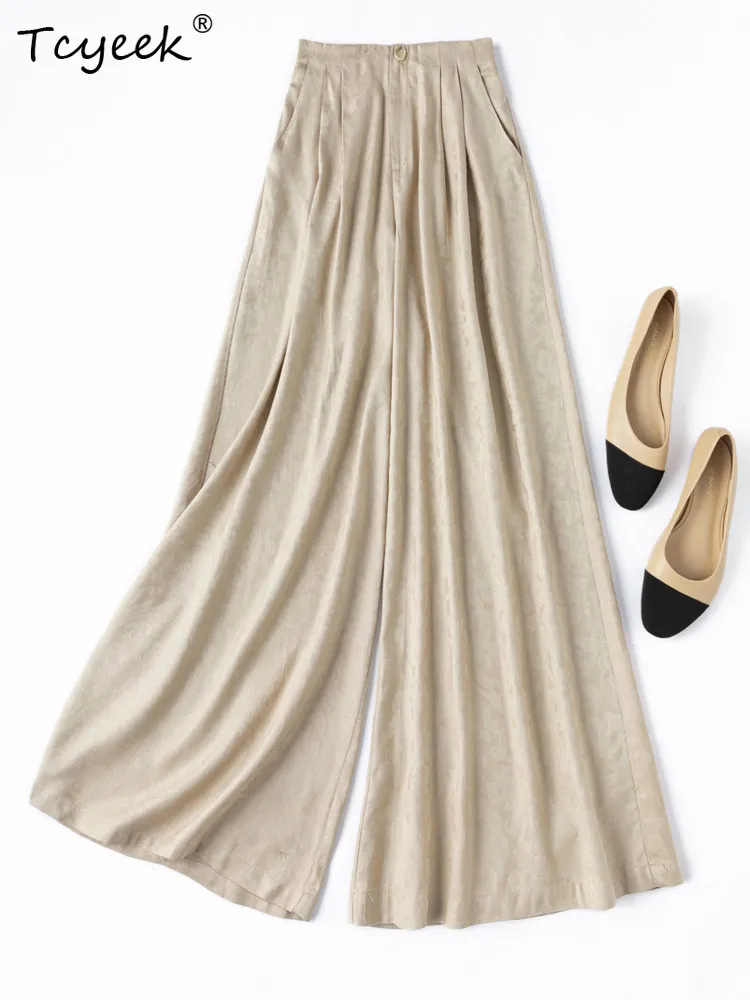 

Широкие брюки Tcyeek из 100% натурального шелка для женщин, повседневные брюки с жаккардовым узором, весенне-летние брюки, уличная одежда, новый стиль для женщин