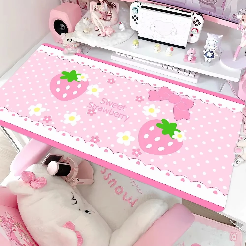 PU Leather Mouse Pad Sweet Pink Polka Dots Strawberry Y2K Bow Mouse Pad Office Desk Mat Waterproof Non-Slip PU Desk Blotter Pad