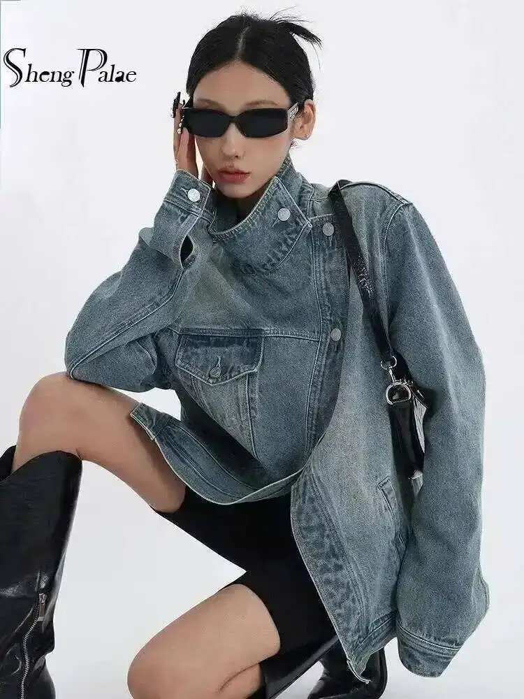 SHENGPALAE Fashion Women's Denim Coat Turtleneck Single Breasted Full Sleeve Patchwork Versatile Jacke Autumn 2026 New 5R4436 SHENGPALAE Fashion Women's Denim Coat Turtleneck Single Breasted Full Sleeve Patchwork Versatile Jacke Autumn 2026 New 5R4436