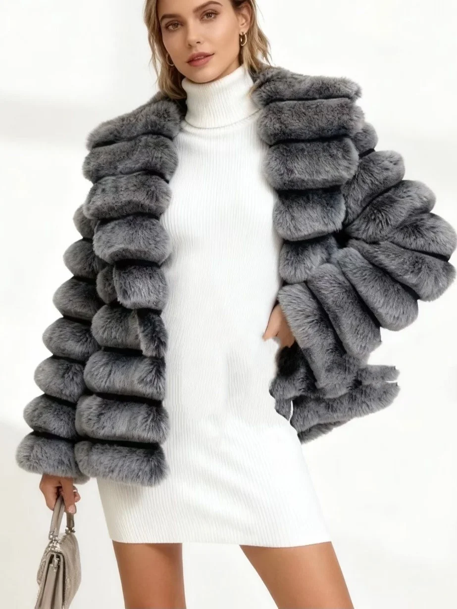 Faionable ort manteau de fourrure femme chaleur-Kee col rabattu hiver haute sensation