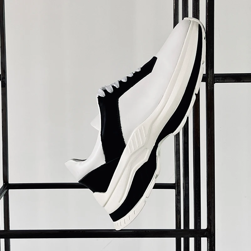 Minimalist Patchwork Platform Sneakers Men Cow Leather Upper Height-increasing Casual Shoes Daily Footwear Walking Trainers