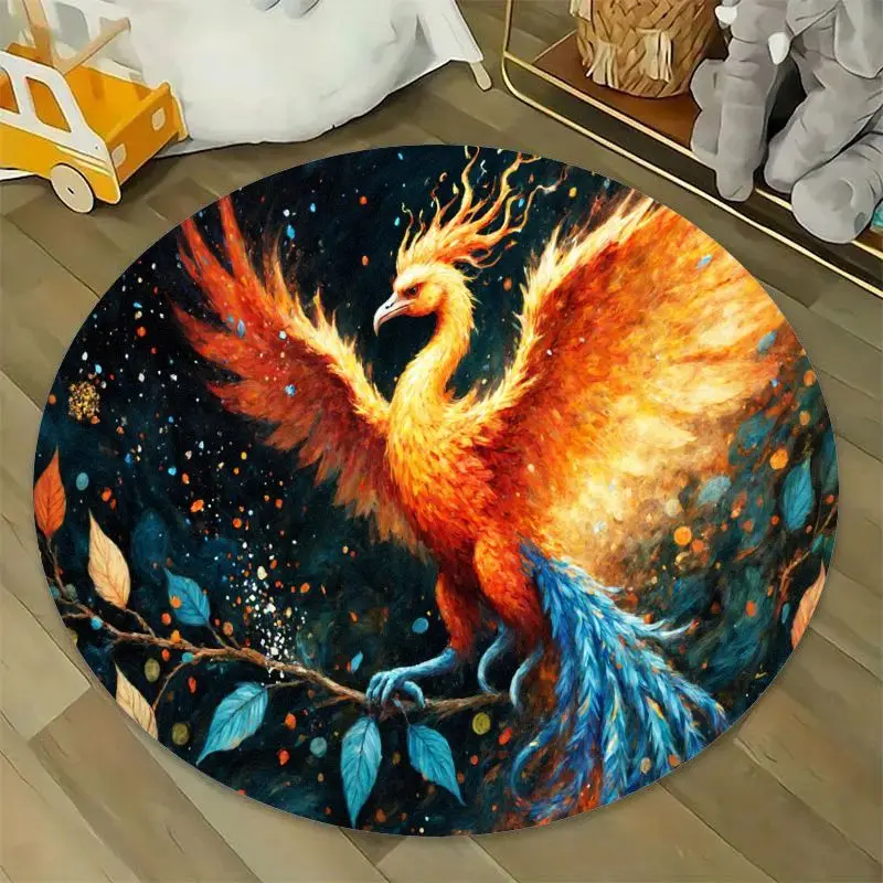 Phoenix Rising Fire Bird Round Mat Fleece Artistic Fantasy Rug Mythical Creature Home Decor Spiritual Energy Floor Covering