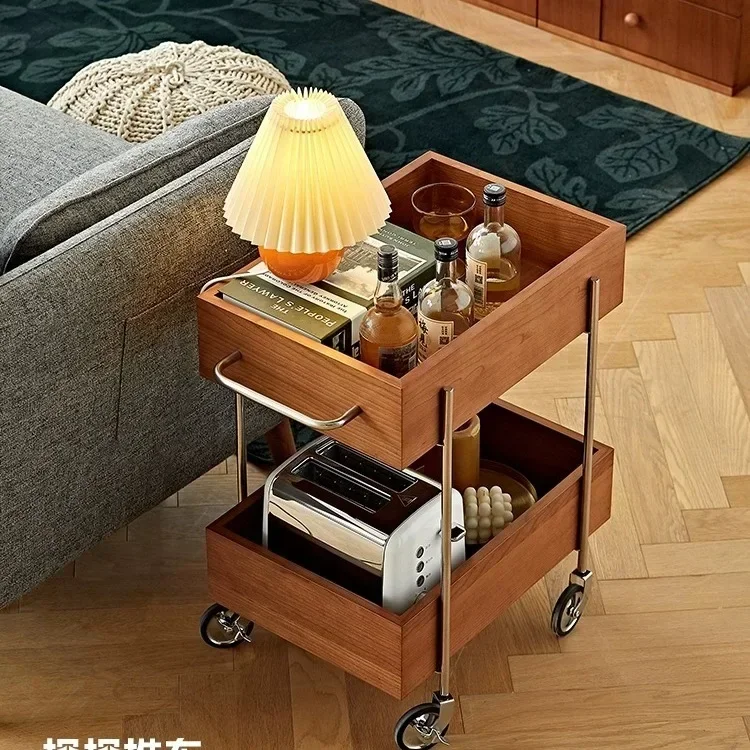 

Solid Wood Household Cart Storage Rack Living Room Sofa Edge Storage Rack Bedroom Bedside Table Storage Holder Detachable Tray