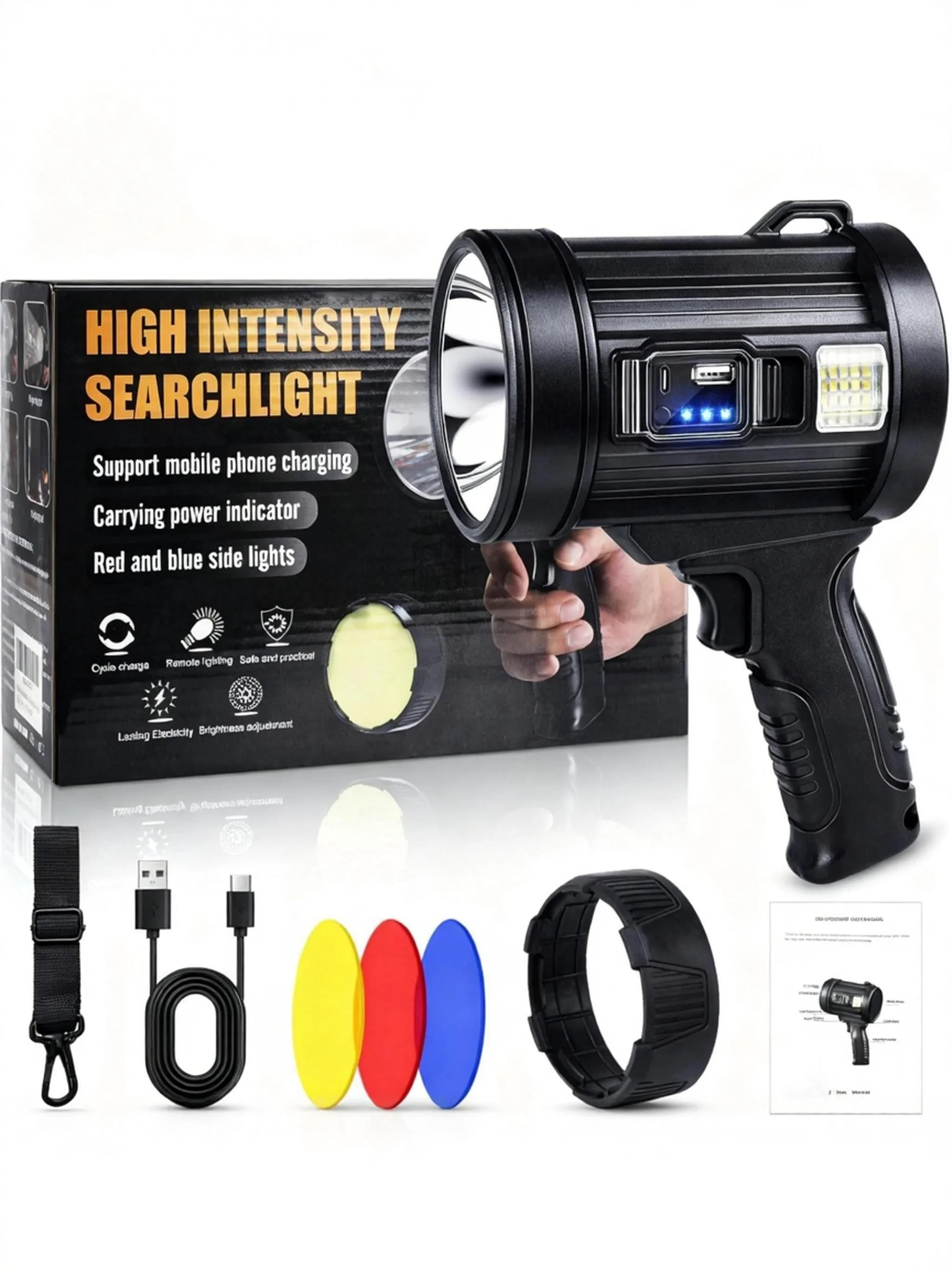 Rechargeable Spotlight,  Super Bright Spotlight Flashlight, Long Running Spot Light Searchlight, Outdoor Handheld LED Flashlight High Lumens with Solar Panels for Hunting Camping Boat
