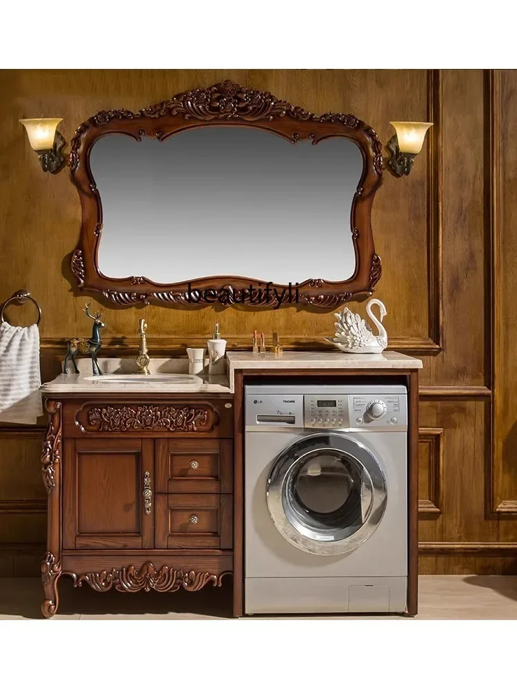 lt European-Style Red Oak Bathroom Cabinet Drum Washing Machine Cabinet Integrated Balcony Wash Basin Solid Wood Cabinet