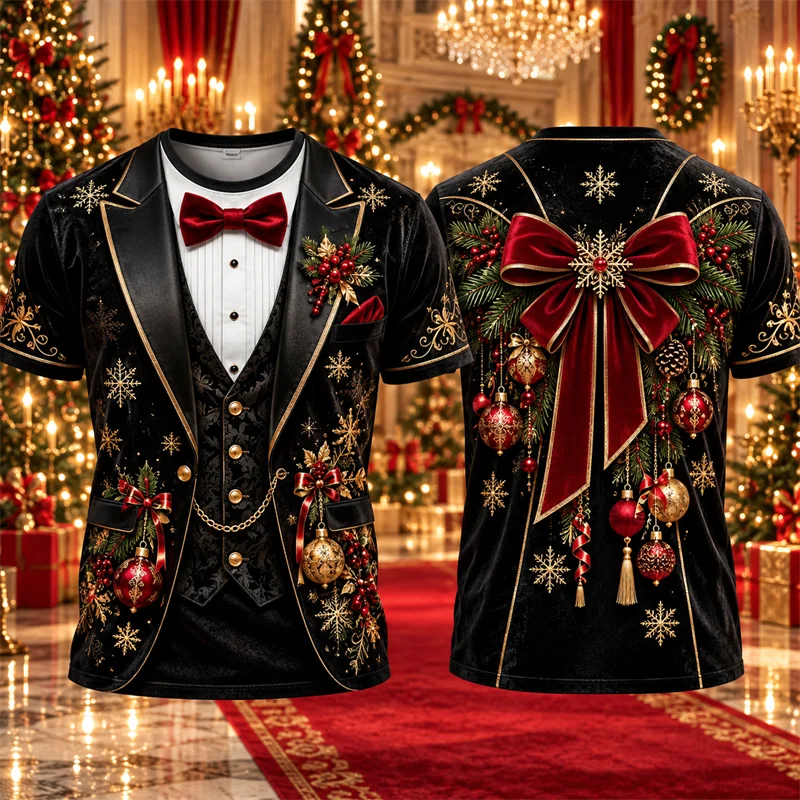 Tartan Plaid Christmas Tuxedo T Shirt for Men Faux Suit Print Red Tie Short Sleeve Crew Neck Holiday Party Costume Graphic Top