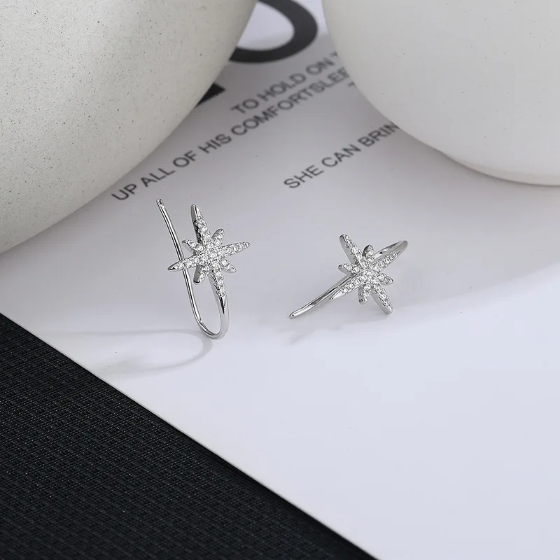 CIAXY Silver Color Eight Pointed Star Earrings for Women Girl Personality Inlaid Zircon Ear Hook Fashion  Jewelry