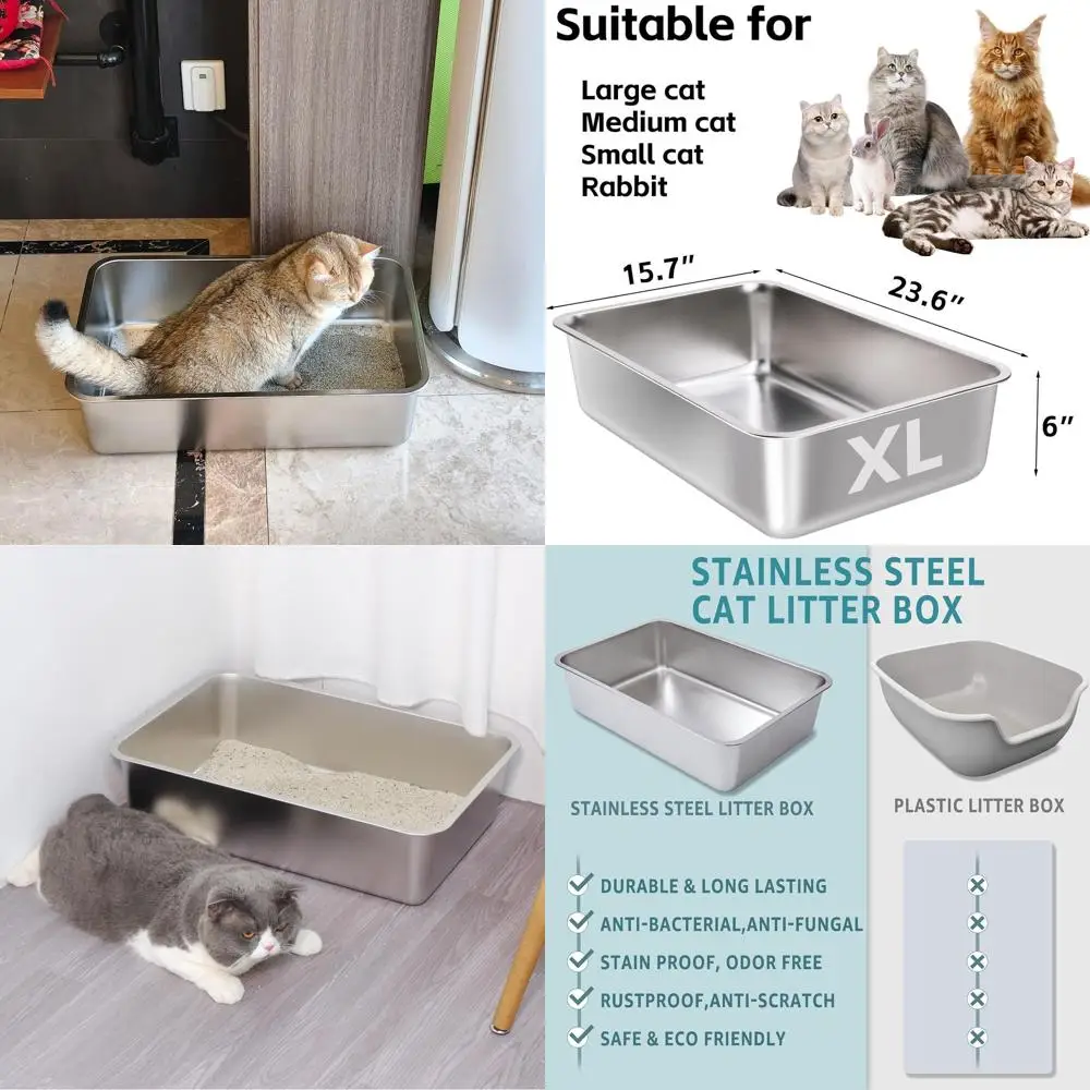 

Двойные коробки для кошачьего туалета из нержавеющей стали XL для больших кошек — легко очищаемые, высокосторонние, без запаха, 23,6x15,8x6